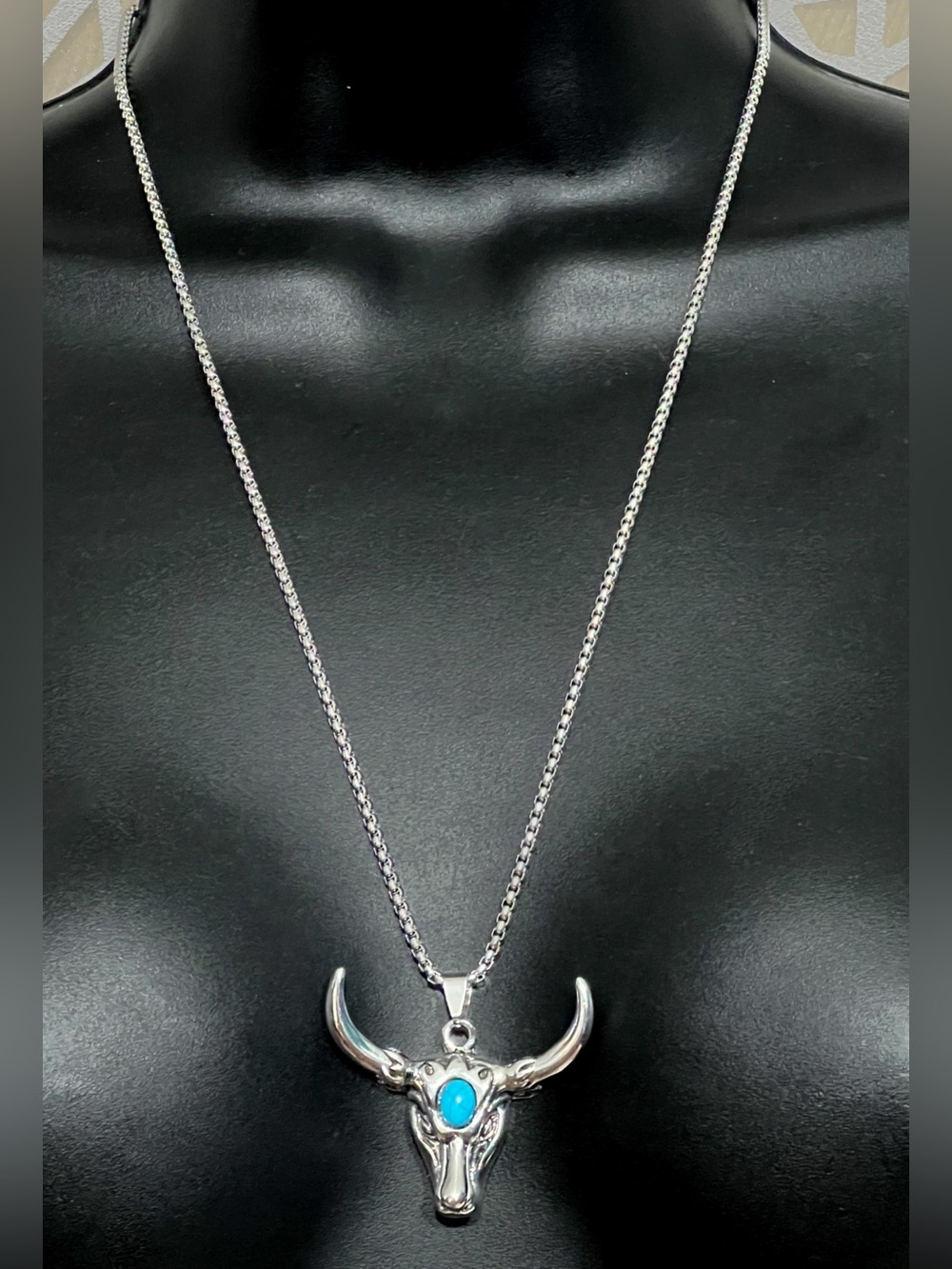 Silver Bull Skull Pendant Necklace with Turquoise Accent